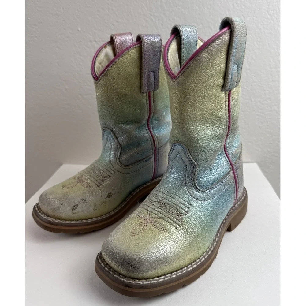Dan Post Little Girls Metallic Rainbow Ombre Leather Square Toe Roper Boots 9D